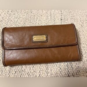 Capezio Brown Leather Wallet Clutch Organizer Vintage Gold Logo Snap Closure